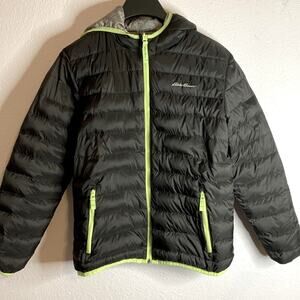 Eddie Bauer Youth Black/Neon Green Trim Reversible Hooded Puff Jacket Size 14-16